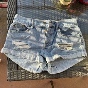 Light wash distressed denim shorts